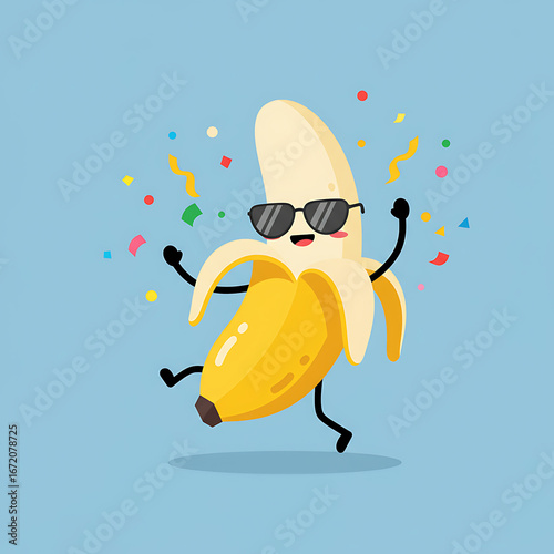 A cheerful cartoon banana with sunglasses celebrates with confetti in a joyful scene.