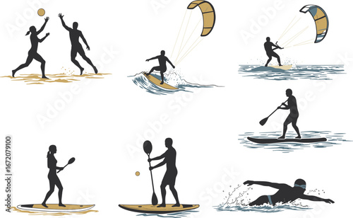 Beach sports silhouette, volleyball players, kite surfing, paddleboarding, swimming, tennis on board, water activities, summer recreation, outdoor fitness lifestyle