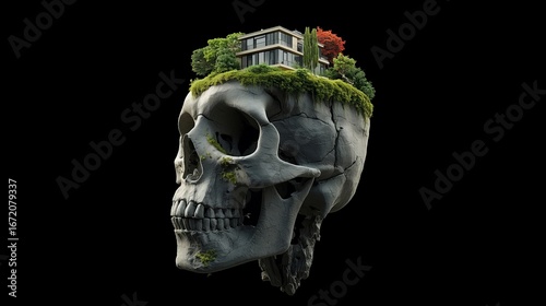 Mysterious House in Skull Island – Fantasy Landscape with Ocean Cliff