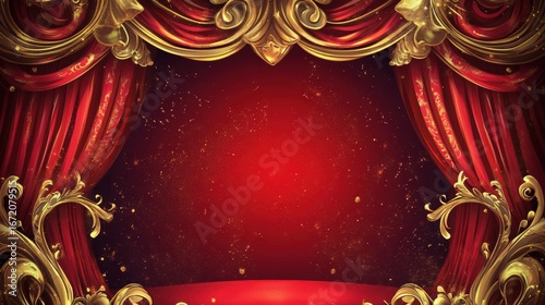 Elegant Red Theater Curtain with Gold Decorative Elements and a Dramatic Framework for Stage Productions and Performances