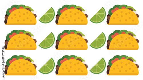 An arrangement of tacos and lime wedges displayed on a white background in a repeating pattern style