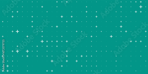Seamless background pattern of evenly spaced white plus symbols of different sizes and opacity. illustration on teal background with stars
