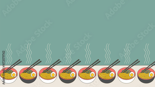 A repeating pattern of ramen bowls with chopsticks and steam on a light green background design style