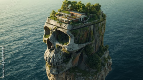 Mysterious House in Skull Island – Fantasy Landscape with Ocean Cliff