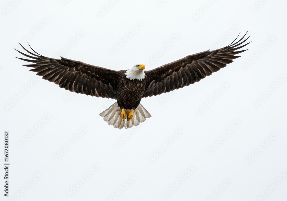 Fototapeta premium Bald Eagle in Flight with Wide Wingspan Soaring Against Cloudy Sky