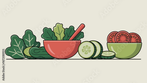 Illustration of salad ingredients including spinach cucumber tomato in bowls on a light background