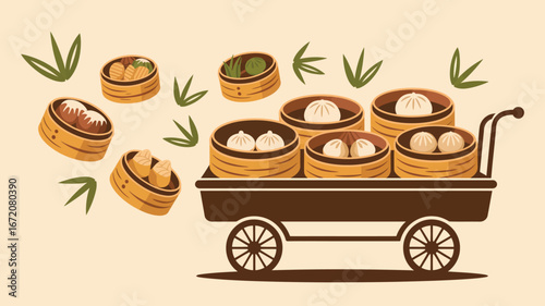 An illustration of a dim sum cart filled with various steamed dumplings and bamboo leaves around it