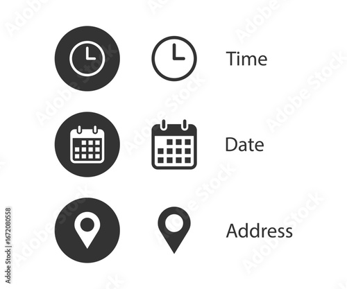 Time, date and address icon set. Calendar, clock, and location icon set. Vector illustration