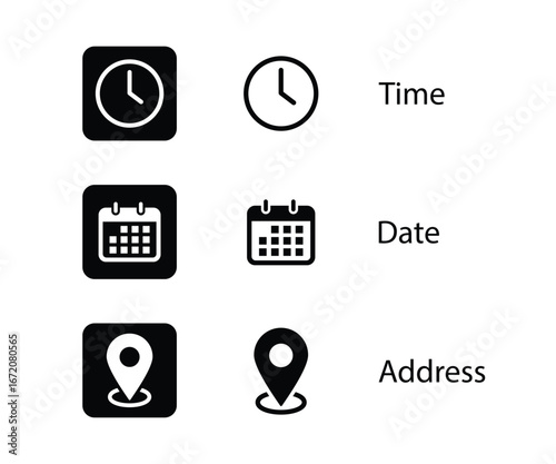 Address, time, and date icons set. Address location icon. Stopwatch timer icon. Date, Calendar icon