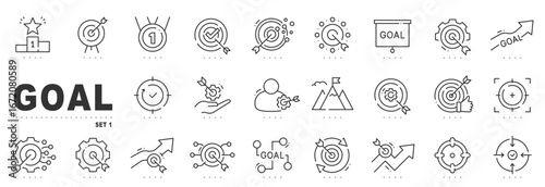Goal line icons illustrating target achievement, strategy planning, roadmap milestones, progress tracking, focus, performance metrics, success, productivity, optimization, accuracy, growth
