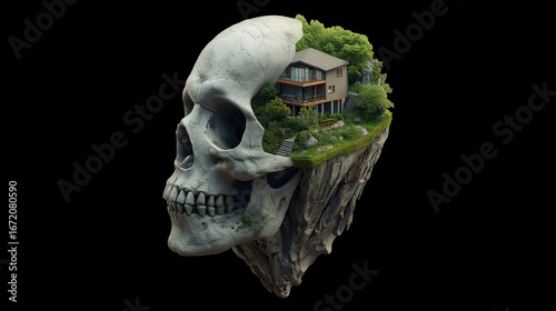 Mysterious House in Skull Island – Fantasy Landscape with Ocean Cliff