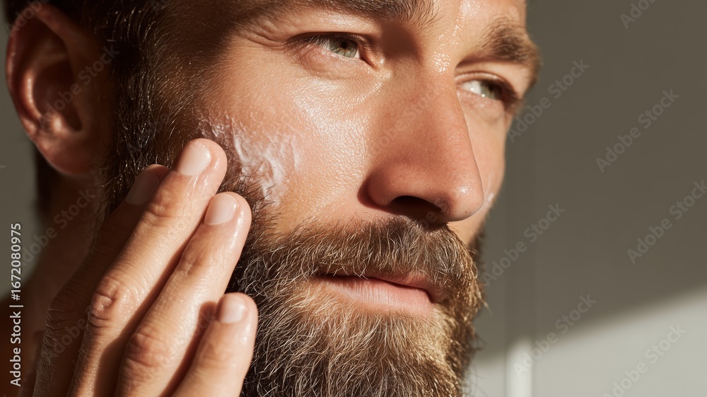 Obraz premium Male cosmetology expert applying skincare product during morning routine in bright, sunlit bathroom