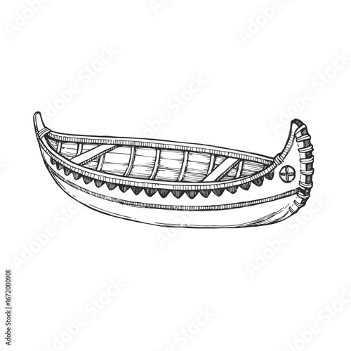 Vector hand-drawn illustration of a wooden canoe. Sketch of an American native boat.