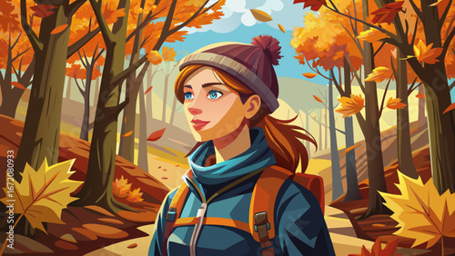  close up portrait  Female hiker walking in a path covered with orange leaves in a beautiful autumn forest