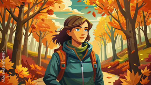  close up portrait  Female hiker walking in a path covered with orange leaves in a beautiful autumn forest