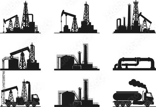 Oil industry silhouette, drilling rig, pump jack, refinery factory, pipeline system, fuel truck, petroleum plant, gas production, energy industrial illustration