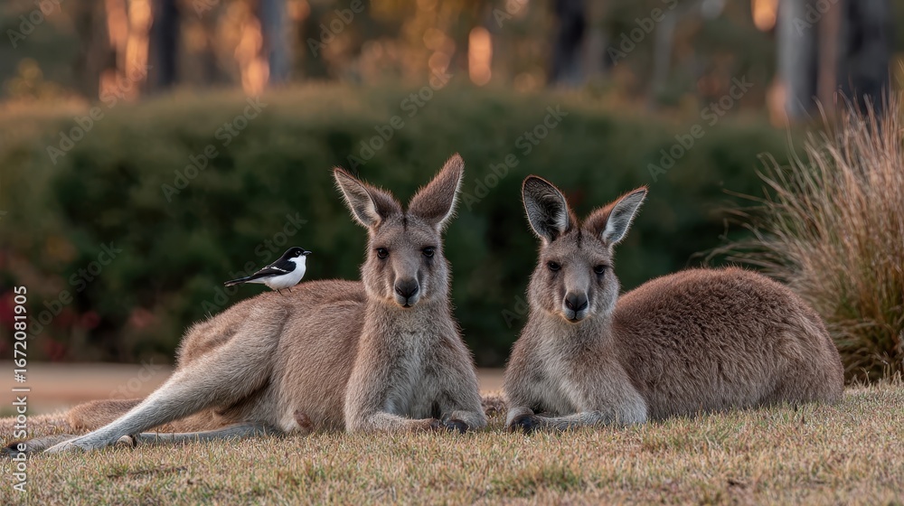 Fototapeta premium Two kangaroos resting together a bird perched on one