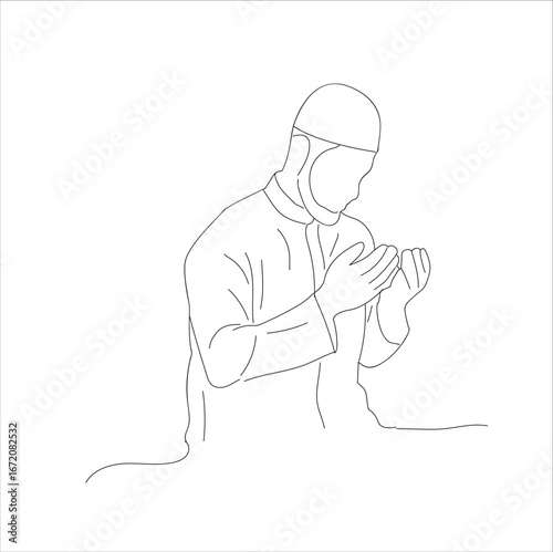 Continuous line drawing of muslim man pray