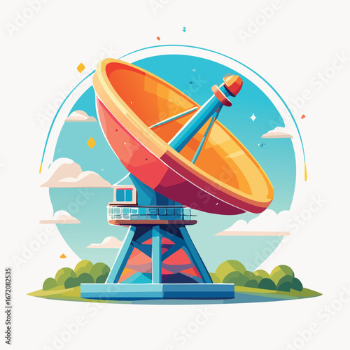 A vibrant illustration of a large satellite dish against a stylized sky.