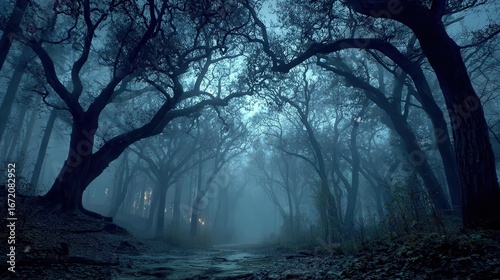Dark Forest Path Mysterious Foggy Night Scene