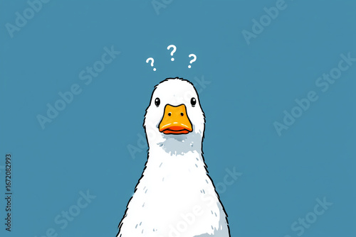 confused white duck with question marks above head on blue background, thoughtful bird expression, isolated cartoon animal illustration