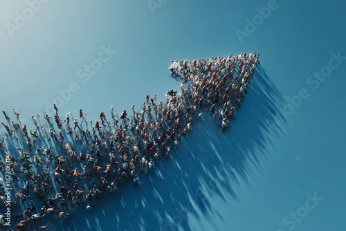 Crowd of people forming arrow shape on blue background, symbolizing teamwork, direction, and progress in unity.