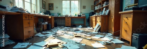 A chaotic scene of scattered papers, overturned furniture, and tangled cords amidst a cluttered office, illustrating the disorder of a disorganized workspace ,  workplace,  rush