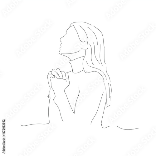 Girl praying with folded hands continuous line art