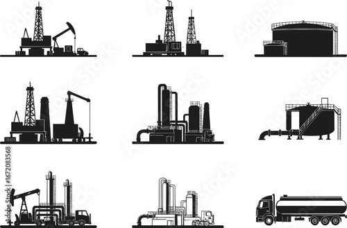 Oil refinery silhouette, petroleum factory, drilling rig, storage tank, fuel truck, pump jack, gas industry, energy plant, industrial illustration