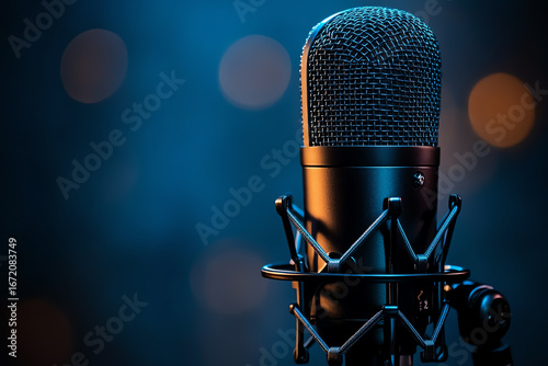 Close-up of a professional microphone, perfect for audio recording, podcasts, and music production in a studio setting.