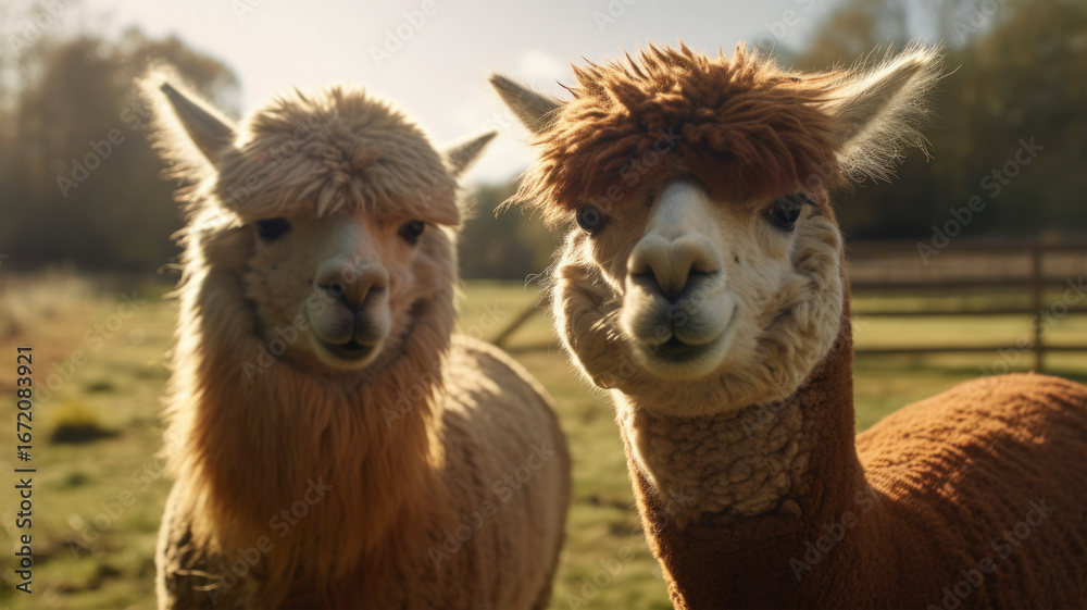 Obraz premium Close-up of two adorable alpacas with fluffy fur and expressive faces