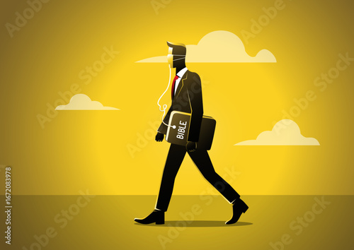 A businessman in a suit walks forward with a determined stride