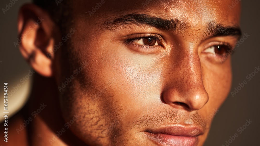 Obraz premium Male model explores cosmetic techniques for modern male grooming in bright natural light