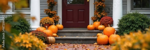 A charming autumnal display adorns a front porch, featuring pumpkins, gourds, and fall foliage creating a welcoming seasonal ambiance , entry, exterior