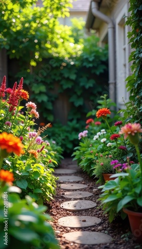 A charming, compact garden bursting with vibrant blooms and lush greenery, perfect for a small urban space Ideal for a bachelor pad or apartment Enjoy the peaceful serenity , outdoor, summer