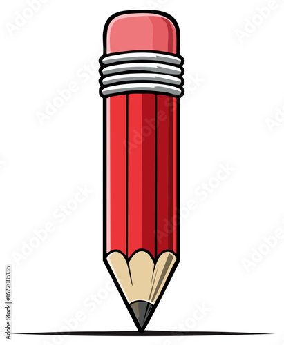 Red Pencil with Eraser Writes on Surface Close Up School Supply Creativity Drawing Illustration