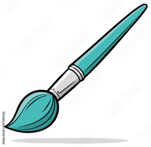 Illustration of a Turquoise Artist Paint Brush with a Silver Ferrule and a Stylized Shadow