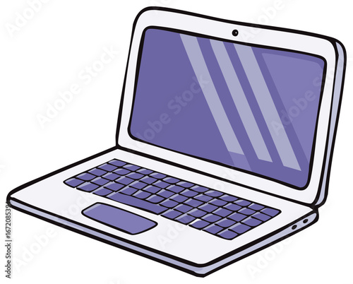 Cartoon laptop computer with purple screen, keyboard, and trackpad for tech themes
