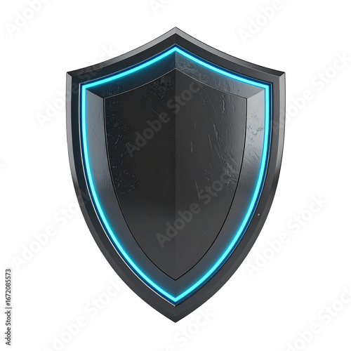 Futuristic Shield Security Cyber Protection Metallic Blue Neon 3D Rendering