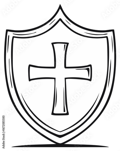 Stylized shield featuring a Christian cross symbol in black and white