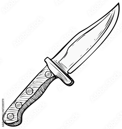 Vintage Hunting Knife Sketch Illustration Sharp Blade Wood Handle Security Tool Weapon