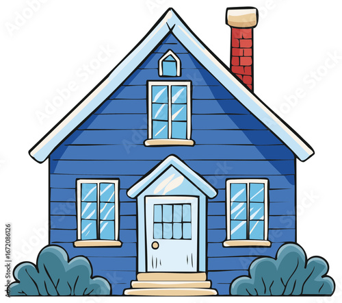 Charming blue cartoon house with a red brick chimney and green bushes, a cozy suburban home illustration