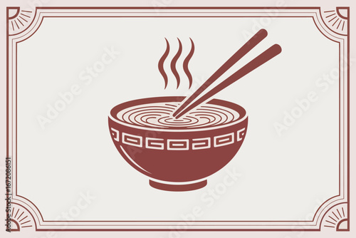Illustration of a bowl of steaming ramen with chopsticks inside a decorative vintage style frame