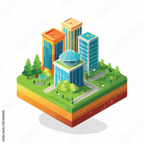 Isometric illustration of a modern city block featuring skyscrapers, green spaces, roads, and a cross-section of earth layers.