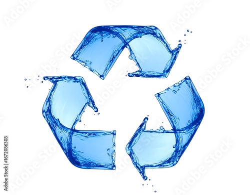 Water sculpted into a recycling symbol against a white background