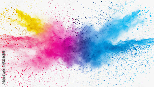 Colorful Powder Explosion with Pink, Yellow, and Blue on White Background