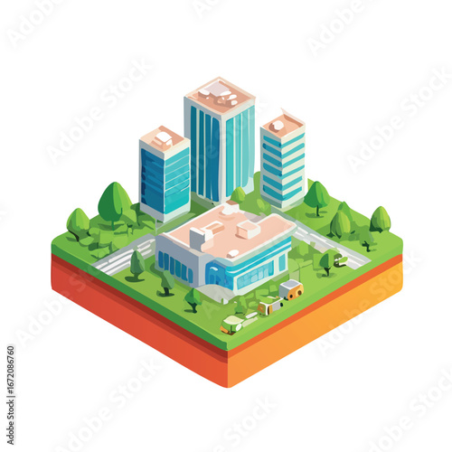 Isometric illustration of modern city block with skyscrapers, green spaces, and small buildings.