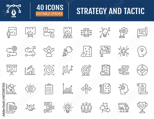Strategy and tactic line editable icon set.
Containing plan, goal, rule, trick and more.
Vector Illustration with Editable strokes