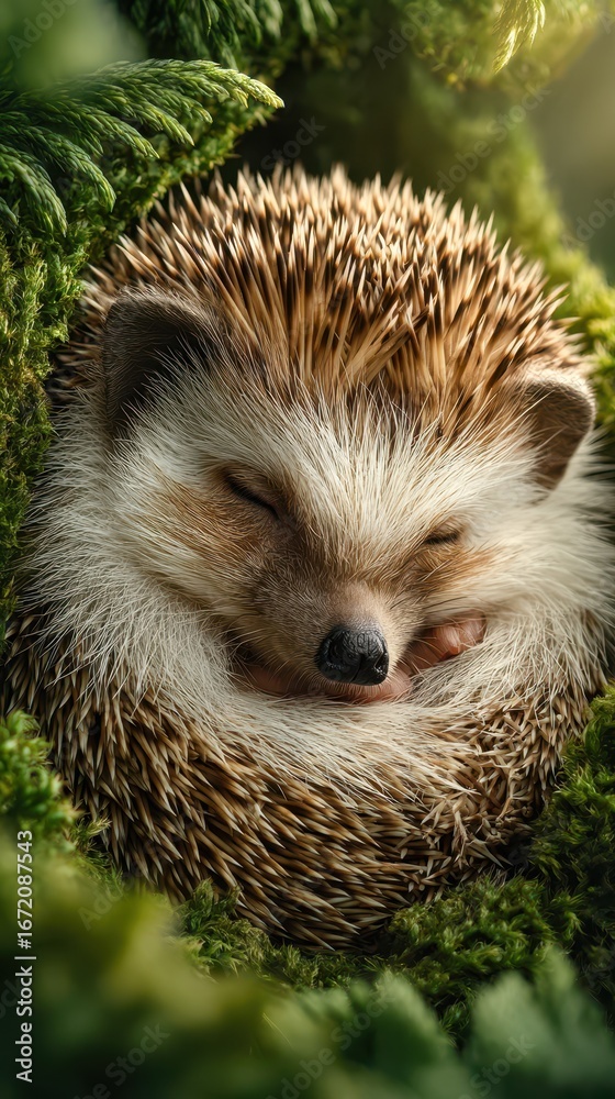 Fototapeta premium Hedgehog curls up on soft green moss in a peaceful woodland setting during golden hour
