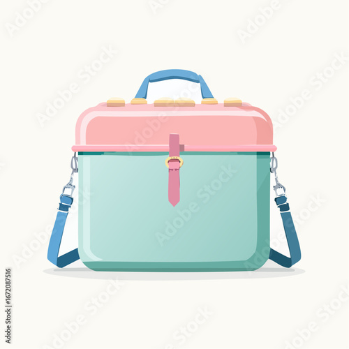 A pastel pink and teal lunchbox with a blue handle and shoulder strap, isolated on a white background.